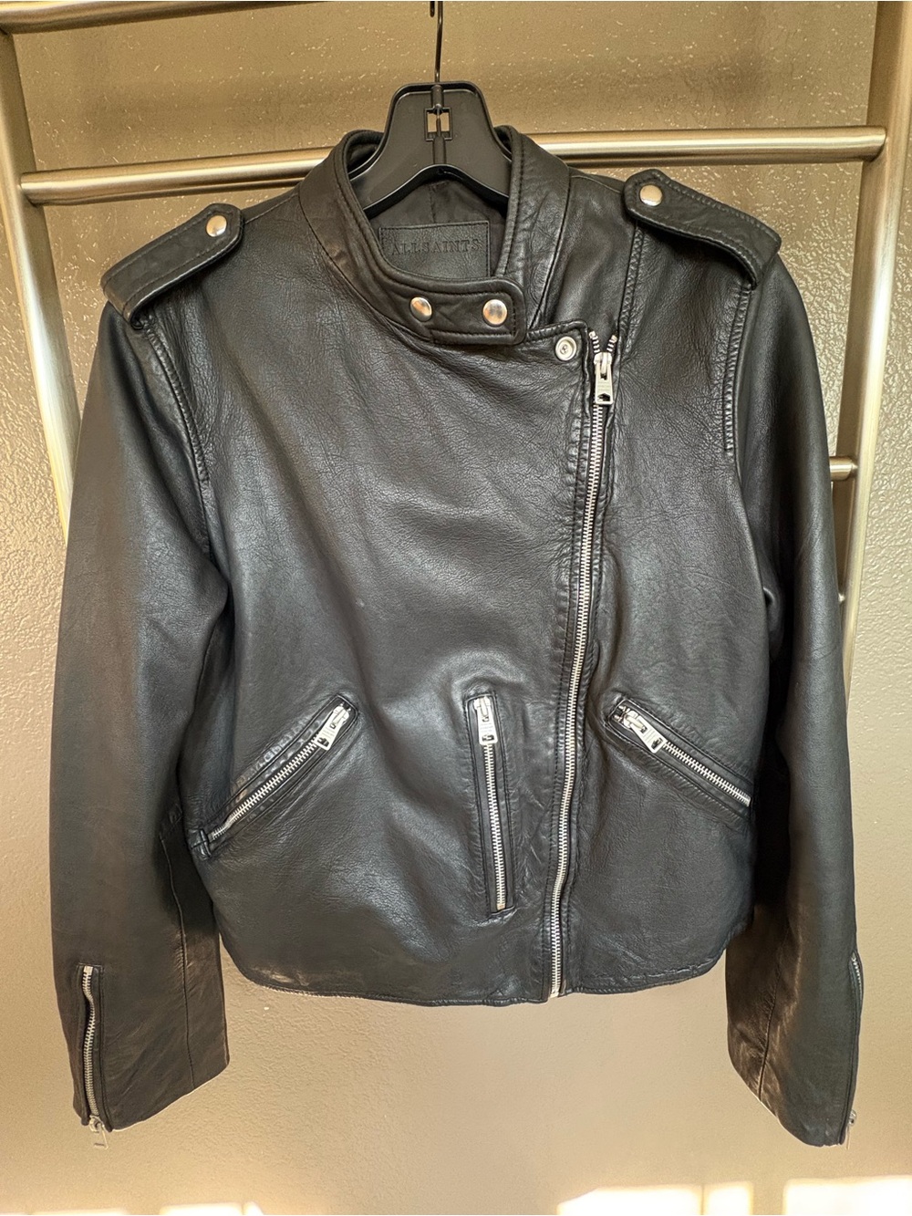 All Saints Black Leather Asymmetrical Moto Jacket